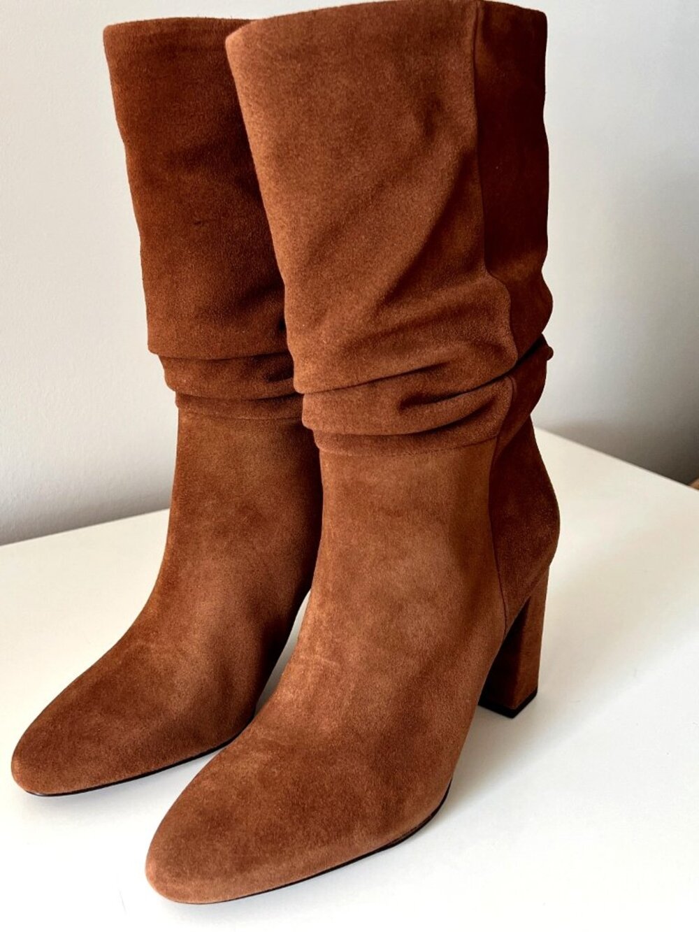Banana Republic Suede Slouchy Mid-Calf Boots Brown Block Heel Size 8 NWOT